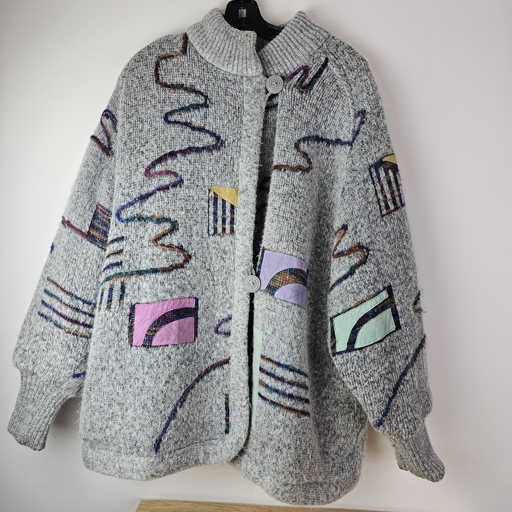 Gray Patterned Button-Front Knit Cardigan Sweater